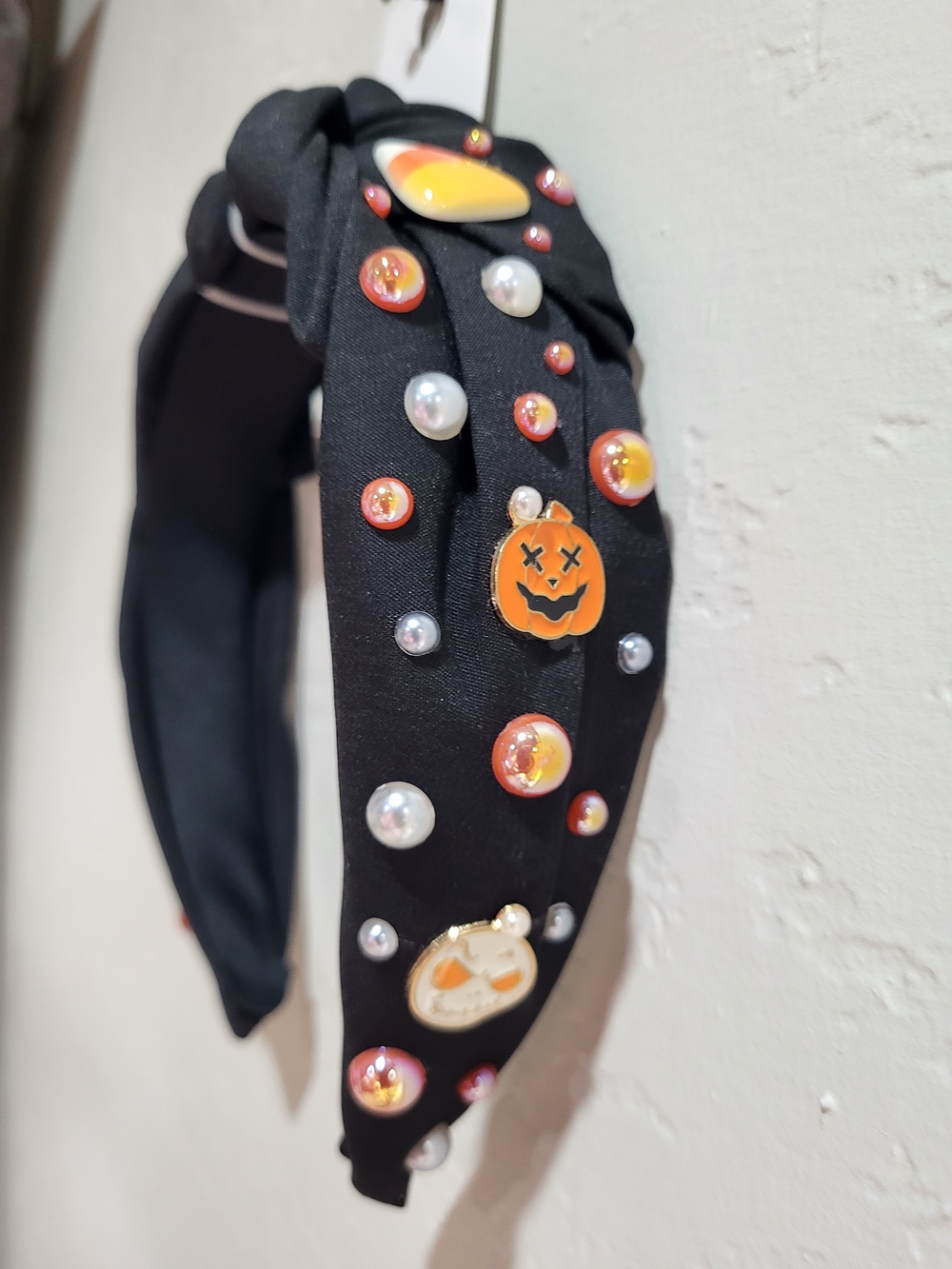 Upcycled Halloween Pumpkin Headband with Pearls and Holiday Embellistments.